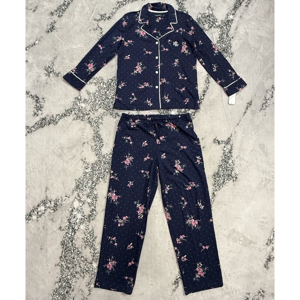 Lauren‎ Ralph Lauren Pajama Set Size L Cotton NWT Floral Navy 2 Piece Sleepwear